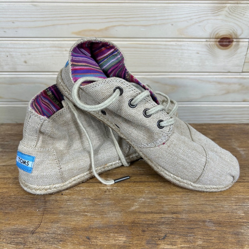 TOMS Paseo High Top Sneakers Oatmeal Burlap Linen Lace Up Shoes Women 8 410312